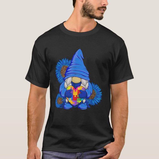 Autism Awareness Blue Gnome with Leopard Sunflower T-Shirt (Front)