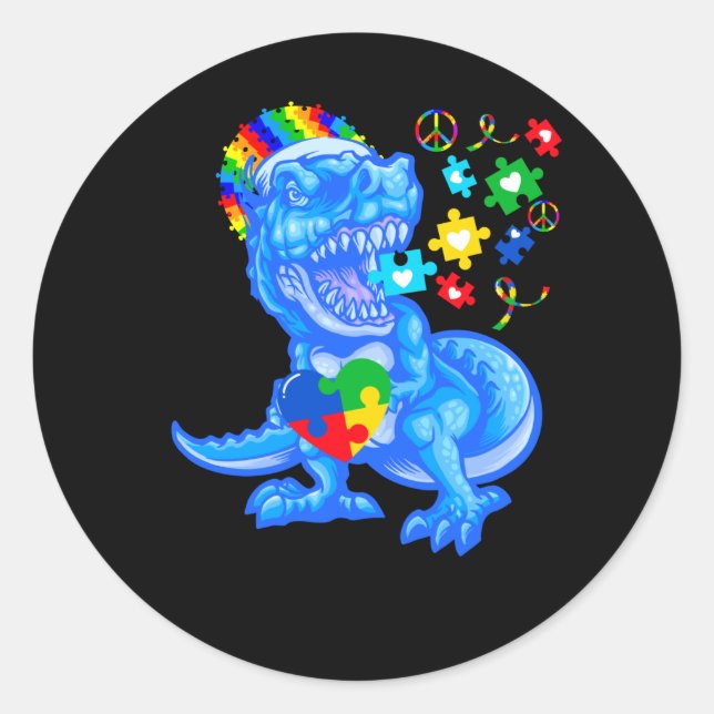 Autism Awareness Blue Month Blue Dinosaur T Rex Classic Round Sticker (Front)