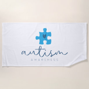 autism awareness blue puzzle piece heart beach towel