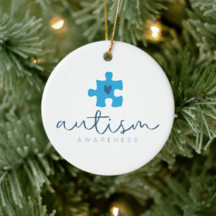 autism awareness blue puzzle piece heart  ceramic ornament