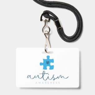 autism awareness blue puzzle piece heart ID badge