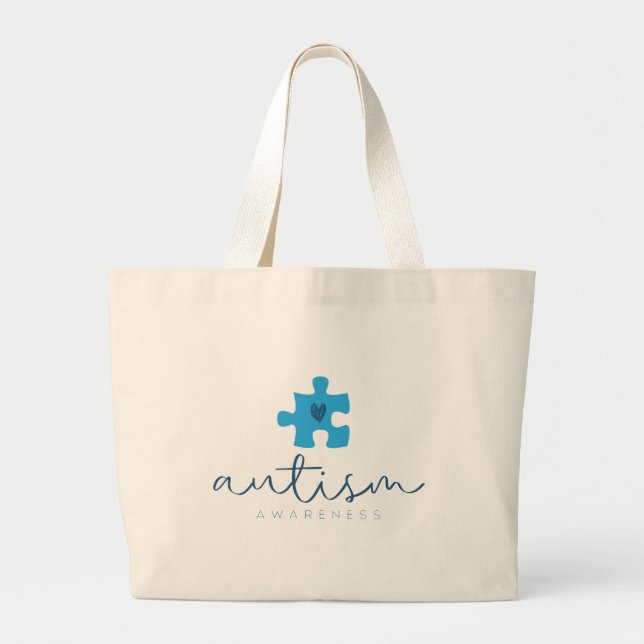 autism awareness blue puzzle piece heart  large tote bag (Front)