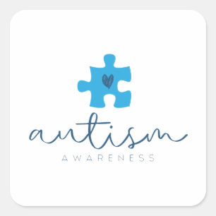 autism awareness blue puzzle piece heart square sticker