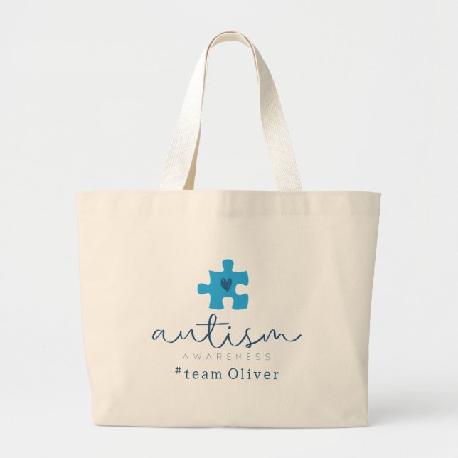 autism awareness blue puzzle piece #team name  large tote bag (Front)