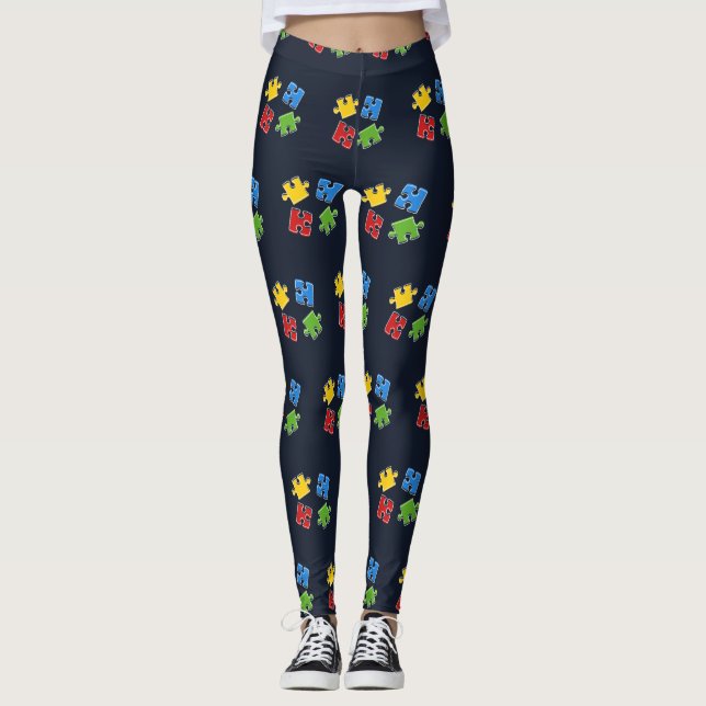 Autism Awareness Blue Yellow Red Green Puzzles Leggings (Front)