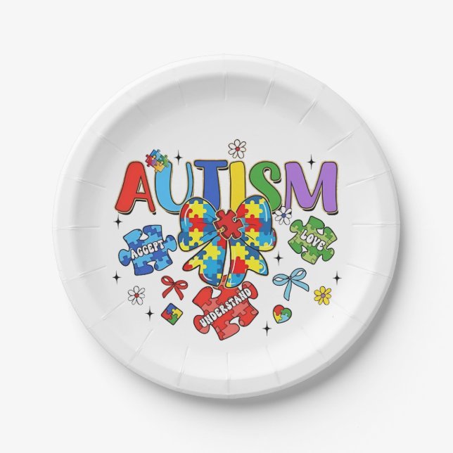 Autism Awareness Bow Coquette Puzzle Piece Neuro  Paper Plate (Front)