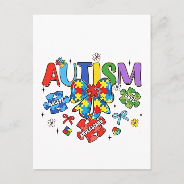 Autism Awareness Bow Coquette Puzzle Piece Neuro  Postcard (Front)