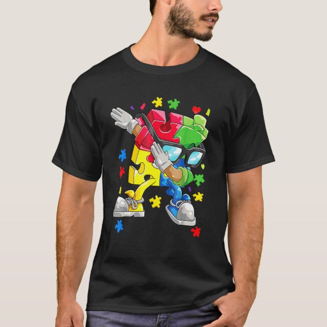 Autism Awareness Boys Kids Dabbing Puzzle Piece Su T-Shirt (Front)