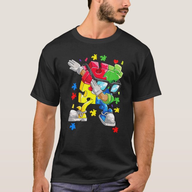 Autism Awareness Boys Kids Dabbing Puzzle Piece Su T-Shirt (Front)