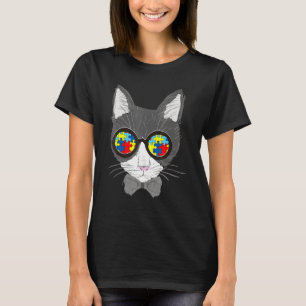 Autism Awareness Cat Face Sunglasses Puzzle Piece T-Shirt