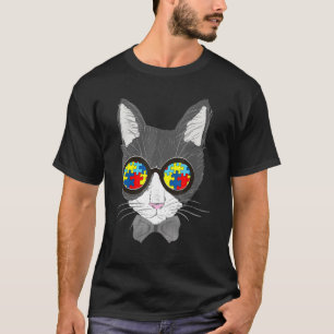 Autism Awareness Cat Face Sunglasses Puzzle Piece T-Shirt