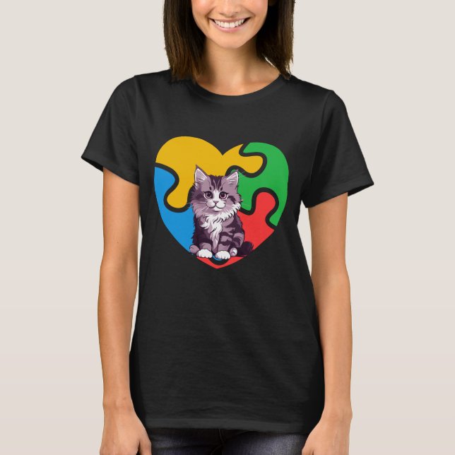 Autism Awareness Cat Heart Valentine's Day Puzzle  T-Shirt (Front)