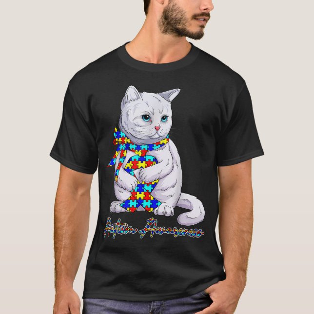 Autism Awareness Cat Wear Puzzle Ribbon T-Shirt (Front)