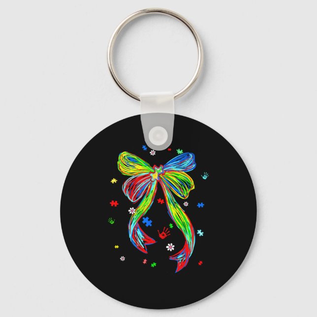 Autism awareness coquette bow puzzle bow ribbon key ring (Front)