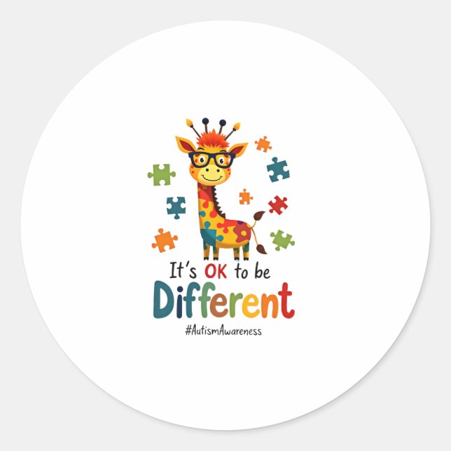 Autism Awareness Cute Giraffe Animal Its Ok To Be  Classic Round Sticker (Front)