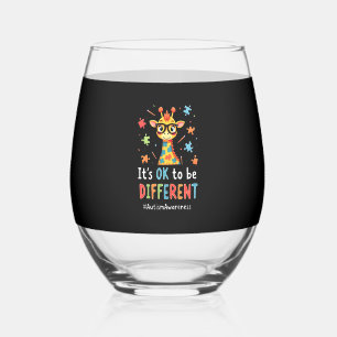 Autism Awareness Cute Giraffe Animal Its Ok To Be Stemless Wine Glass