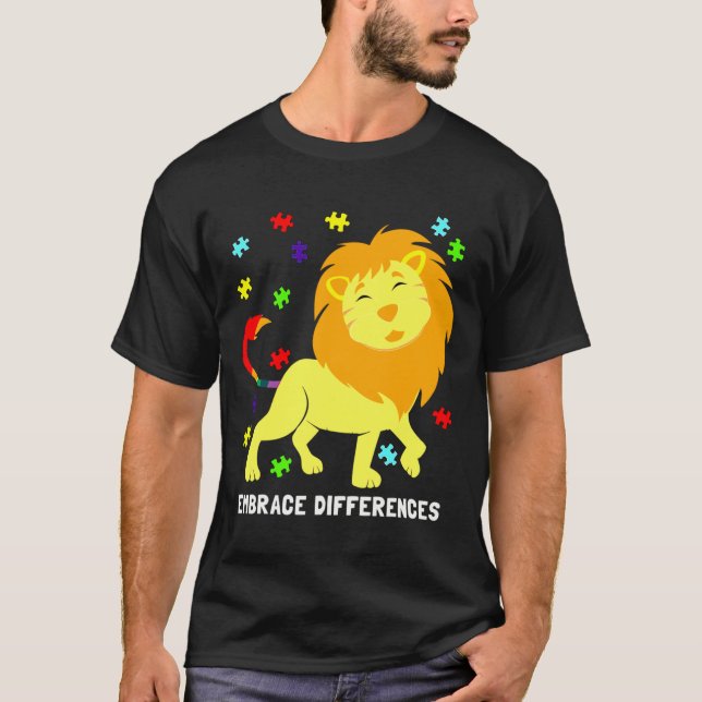 Autism Awareness Cute Lion Puzzle Pieces Rainbow T T-Shirt (Front)
