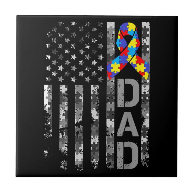 Autism Awareness Dad USA Flag Fathers day Ceramic Tile (Front)