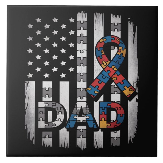 Autism Awareness Dad USA Flag Fathers Day Ceramic Tile (Front)