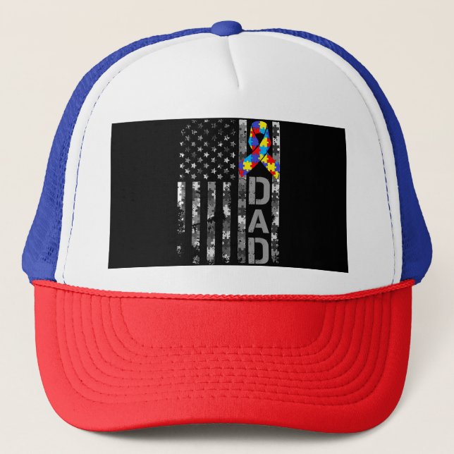 Autism Awareness Dad USA Flag Fathers day Trucker Hat (Front)