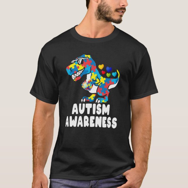 Autism Awareness Dinosaur Rex Heart Puzzle Pieces  T-Shirt (Front)