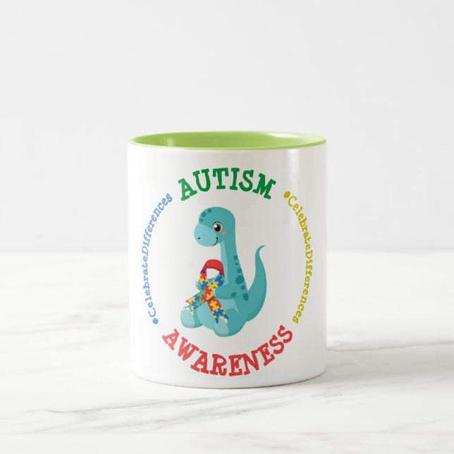 Autism Awareness Dinosaurs Two-Tone Coffee Mug (Center)