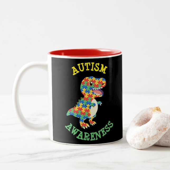 Autism Awareness Dinosaurs Two-Tone Coffee Mug (With Donut)