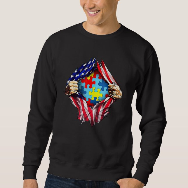 Autism Awareness Distressed American Flag Puzzle H Sweatshirt (Front)