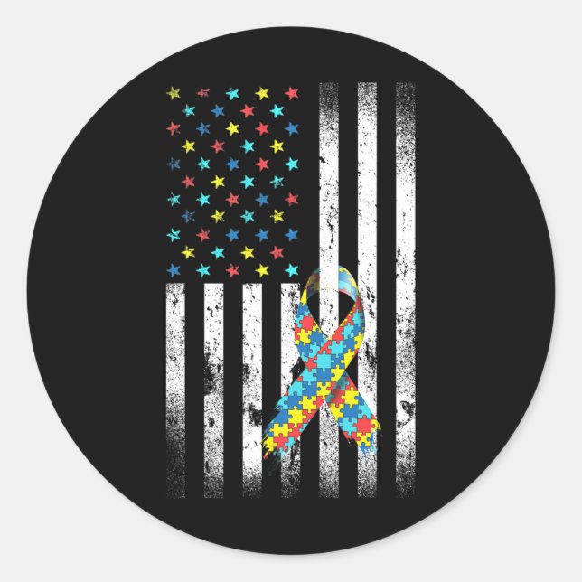 Autism Awareness Distressed American Flag Puzzle R Classic Round Sticker (Front)