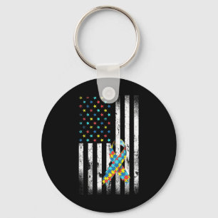Autism Awareness Distressed American Flag Puzzle R Key Ring