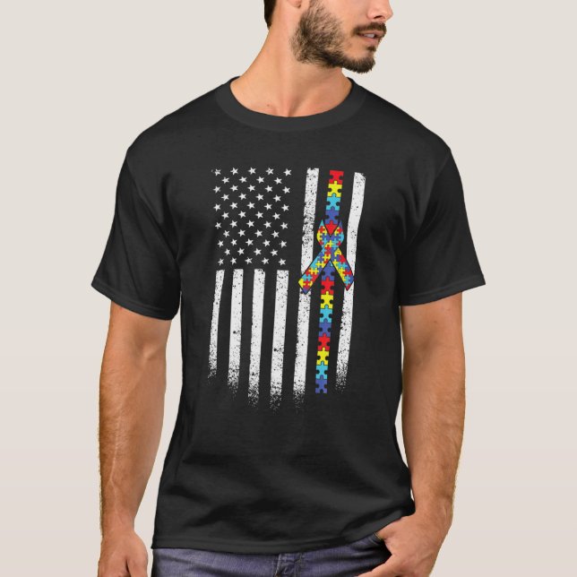 Autism Awareness Distressed American Flag Puzzle R T-Shirt (Front)