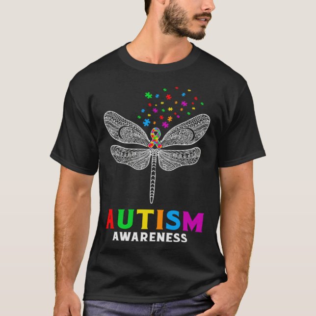 Autism Awareness Dragonfly Puzzle Pieces Support A T-Shirt (Front)