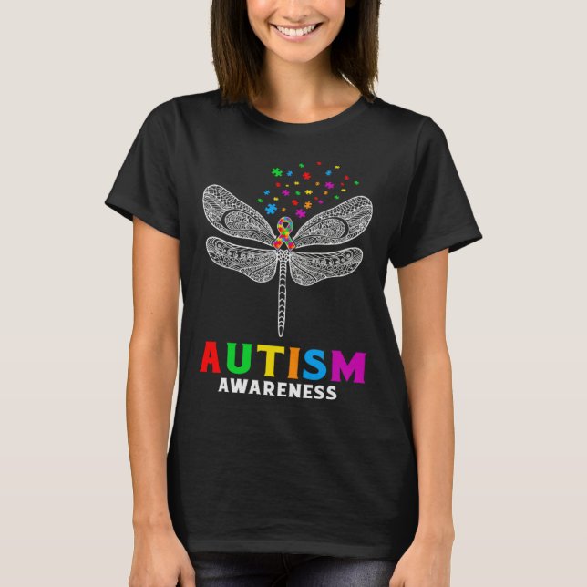 Autism Awareness Dragonfly Puzzle Pieces Support A T-Shirt (Front)