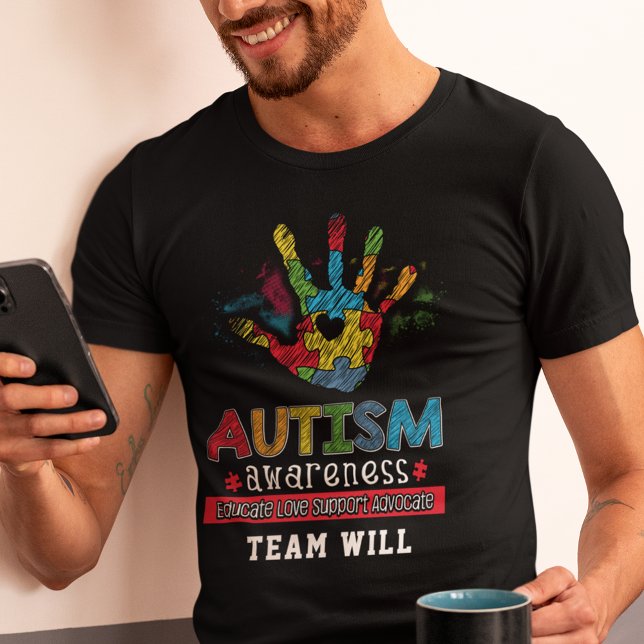 Autism Awareness Educate Advocate Custom Team T-Shirt (Autism Awareness Puzzle Hand Team Custom Black T-Shirt)