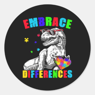 Autism Awareness Embrace Differences Trex Dino Boy Classic Round Sticker