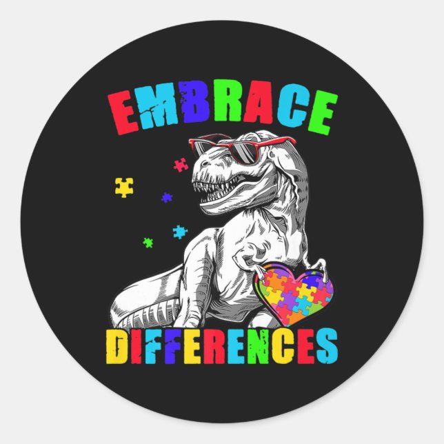 Autism Awareness Embrace Differences Trex Dino Boy Classic Round Sticker (Front)