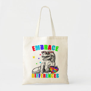 Autism Awareness Embrace Differences Trex Dino Boy Tote Bag