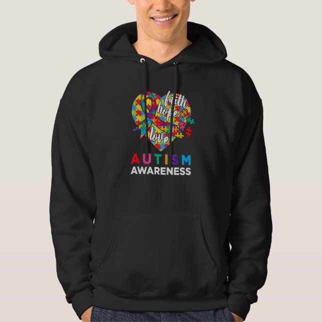 Autism Awareness Faith Hope Love Autism Heart Ribb Hoodie (Front)