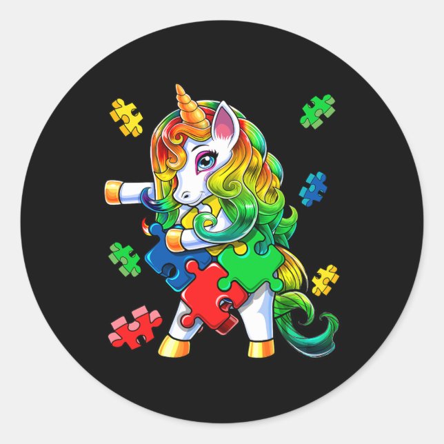 Autism Awareness Flossing Unicorn Puzzle Piece Gif Classic Round Sticker (Front)