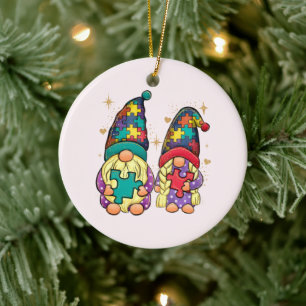 Autism Awareness Gnome Couple Ceramic Ornament