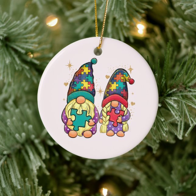 Autism Awareness Gnome Couple Ceramic Ornament (Tree)