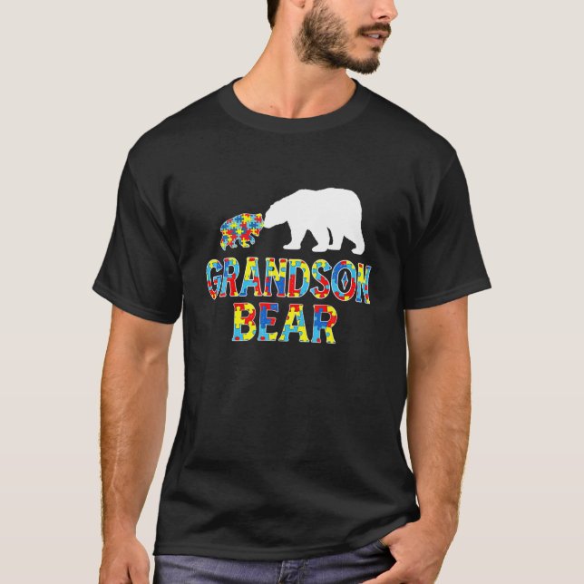 Autism Awareness Grandson Bear Puzzle Support T-Shirt (Front)