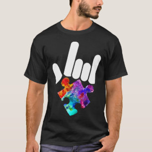 Autism Awareness Hand Rock & Roll Puzzle Pieces T-Shirt