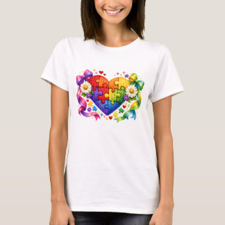 Autism Awareness Heart Puzzle Coquette Ribbon T-Shirt