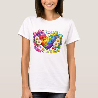 Autism Awareness Heart Puzzle Coquette Ribbon T-Shirt