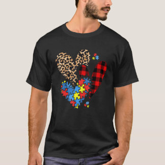 Autism Awareness Hearts Leopard Plaid Buffalo Auti T-Shirt