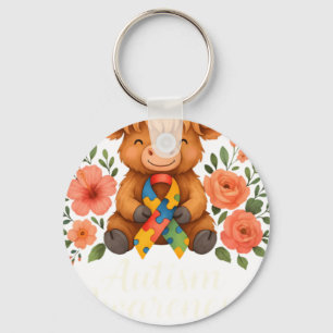 Autism Awareness Highland Cow Flora Key Ring