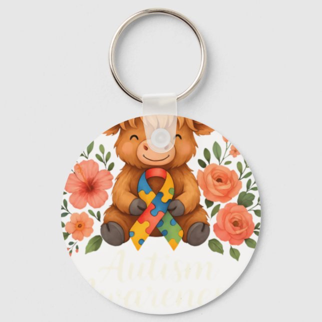 Autism Awareness Highland Cow Flora Key Ring (Front)