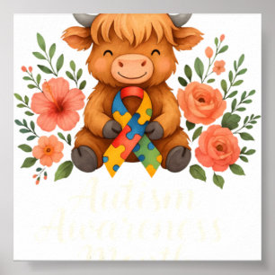 Autism Awareness Highland Cow Flora Poster