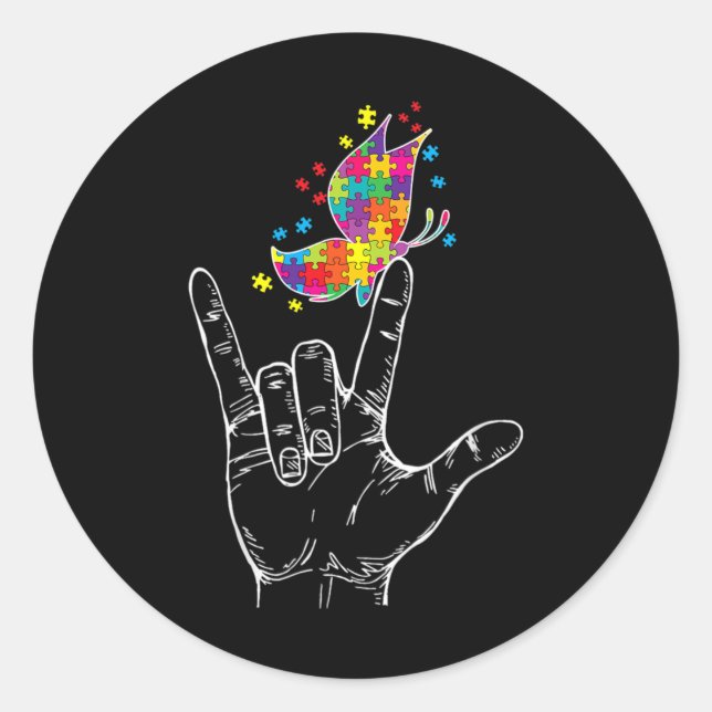 Autism Awareness I Love You ASL Hand Sign Language Classic Round Sticker (Front)